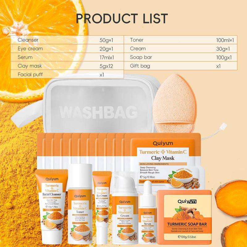 Hydrating Turmeric Skin Care Moisture Set, 1 Set Facial Cleanser & Toner & Serum & Eye Cream & Face Moisturizer & Soap & Makeup Bag & 12Pcs Mud Mask, Moisturizing Skin Care Kit for Women, Hydrate Skin Care Products, Glow Kit, Skin Care Sets